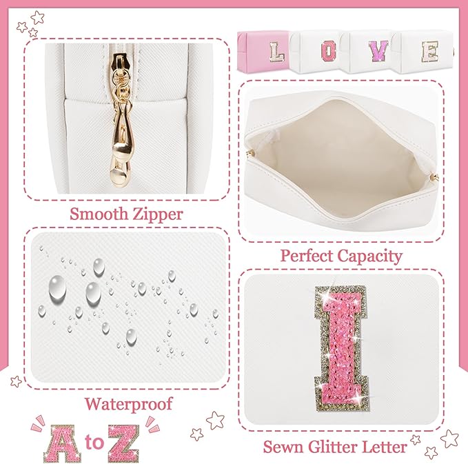 Initial Letter Patch Makeup Bag, Small Preppy A-Z Glitter Letter Cosmetic Bag, PU Leather Waterproof Travel Toiletry Bag, Cute Make Up Pouch Personalized Monogrammed Gift for Women Teen Girls