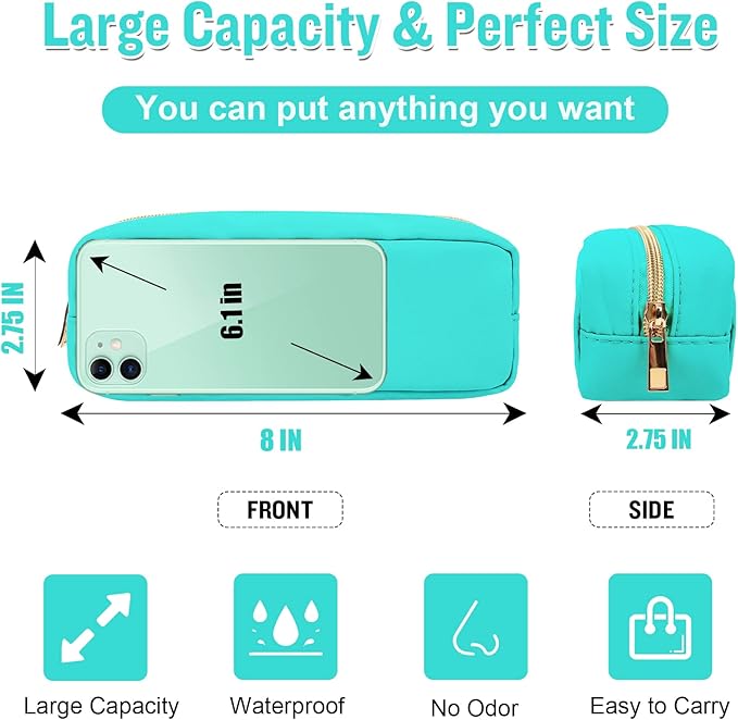 izuzta Nylon Small Makeup Bag Slim Pouch, Preppy Cute Makeup Brush Case Bag Cosmetic Zipper Pouch for Purse, Waterproof Travel Toiletry Bag Clutch Coin Pouch Makeup Organizer for Women Girls(Mint)