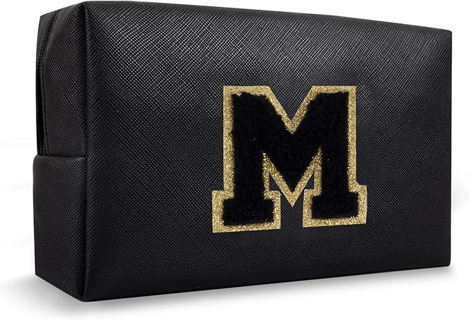 Small Travel Initial Preppy Makeup Bag, Personalized Black Cute Cosmetic Zipper Pouch Chenille Letter Travel Toiltery Bag, Waterproof PU Leather Makeup Case Storage Gift for Mom Women Female(Letter M)