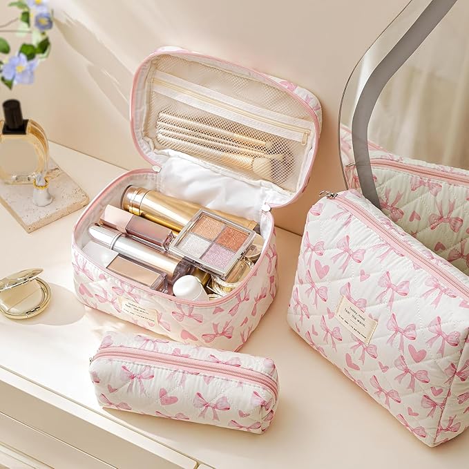 HBselect Quilted Makeup Bag, 3PCS Cotton Large Travel Makeup Bag, Cute Floral Coquette Make up Bag Cosmetic Bag Toiletry Bag for Women Girls