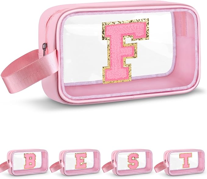 Initial Makeup Bag,Letter F Cute Clear Monogrammed Cosmetic Travel Bag for Womens Girls,Personalized Pink Aesthetic Traveling Make Up Organizer Bag for Beach,Waterproof Toiletry Bag