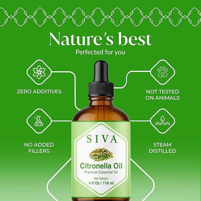 Siva Citronella Essential Oil - 4 Fl Oz – 100% Natural Citronella Oil - for Diffuser, Face, Skin Care, Aromatherapy, Hair Care, Scalp and Body Massage - with Dropper