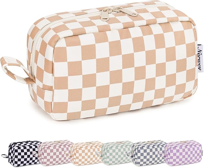 Narwey Checkered Makeup Bag Travel Cosmetic Bag Organizer Small Toiletry Bag Make Up Bags with Organized Pockets for Women (Light Checkerboard, Large)