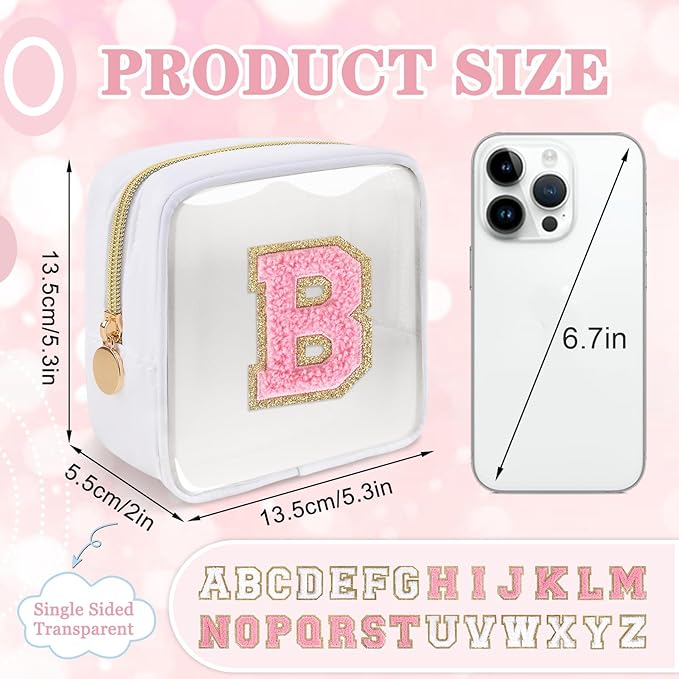 Mini Clear Personalized Initial Makeup Bag,Nylon Preppy A-Z Chenille Letter Patch Zipper Cosmetic Bag, Small Cute Beach Pouch Travel Purse Sanitary Napkin Storage Bag for Women Girls(White-Pink B)