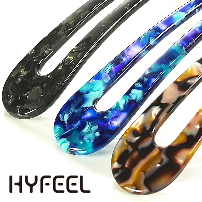French Hair Forks Tortoise Shell U Shape Updo Hair Pins Clips for Thin Thick Hair, Long Classic 2 Prong Bun Hair Sticks Chignon Women Vintage Hairstyle Accessories, 3 Pack (Blue Brown Black)
