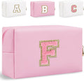 Small Personalized Glitter Initial Letter Makeup Bag, Cute PU Leather Chenille Letters Cosmetic Bag Travel Makeup Pouch, Preppy Travel Organizer Zipper Pouch for Women&Girls（PinkPink-F）