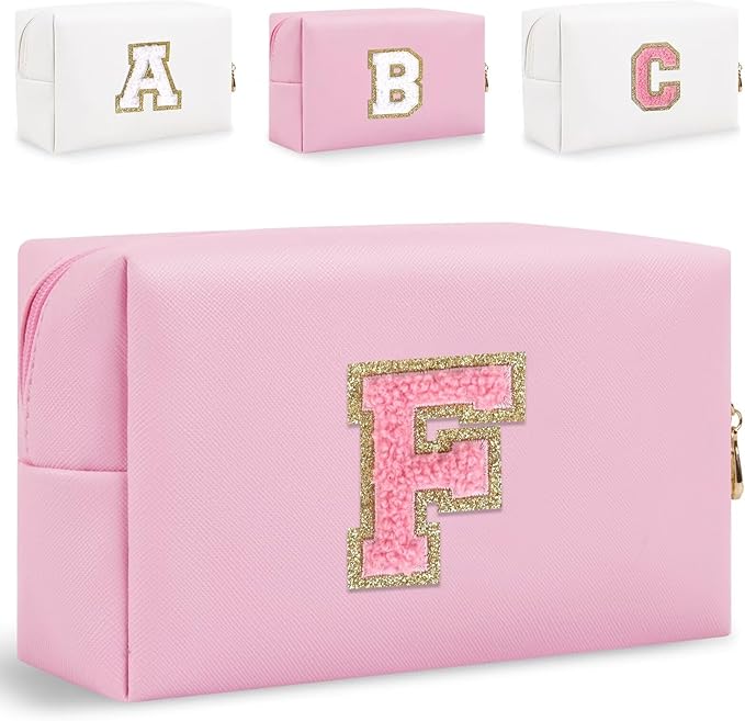 Small Personalized Glitter Initial Letter Makeup Bag, Cute PU Leather Chenille Letters Cosmetic Bag Travel Makeup Pouch, Preppy Travel Organizer Zipper Pouch for Women&Girls（PinkPink-F）