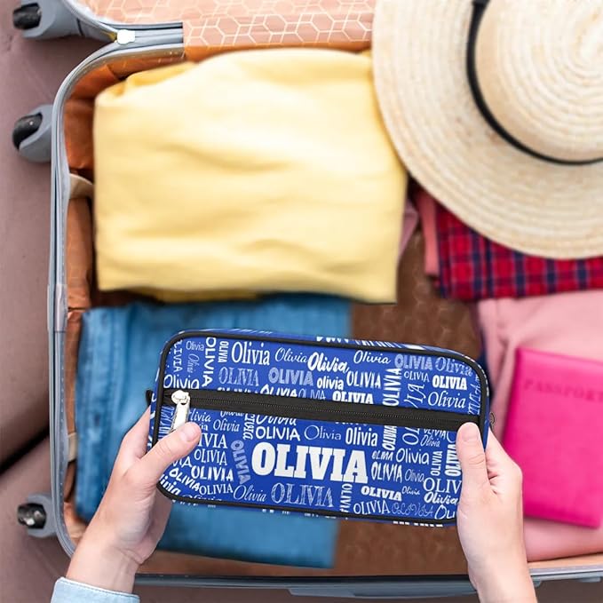 Personalized Name Makeup Bag, Custom Women Cosmetic Travel Toiletry Bag Pouch Organizer for Vacation Weekend Royal Blue