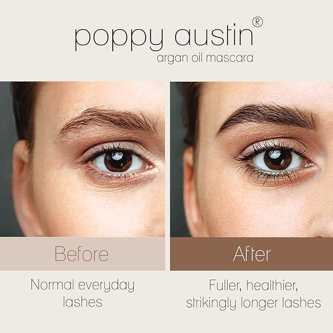 Poppy Austin Organic Mascara, Natural, Vegan, Paraben-Free, Cruelty-Free - Hypoallergenic Mascara Lengthening & Volumizing with Argan Oil - 0.31 Fl Oz (Black)