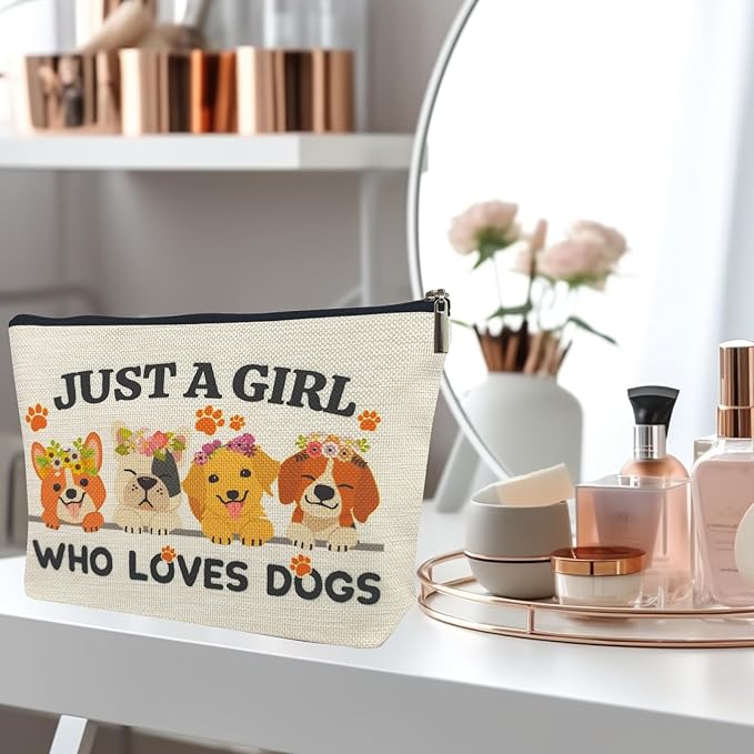 Animal Dog Lovers Gifts for Women Makeup Bag, Personalized Dog Themed Gifts for Dog Mom Owner Teen Girls Daughter Sister, Just A Girl Who Loves Dogs Cosmetic Stuff Bag, Funny Birthday Christmas Decor