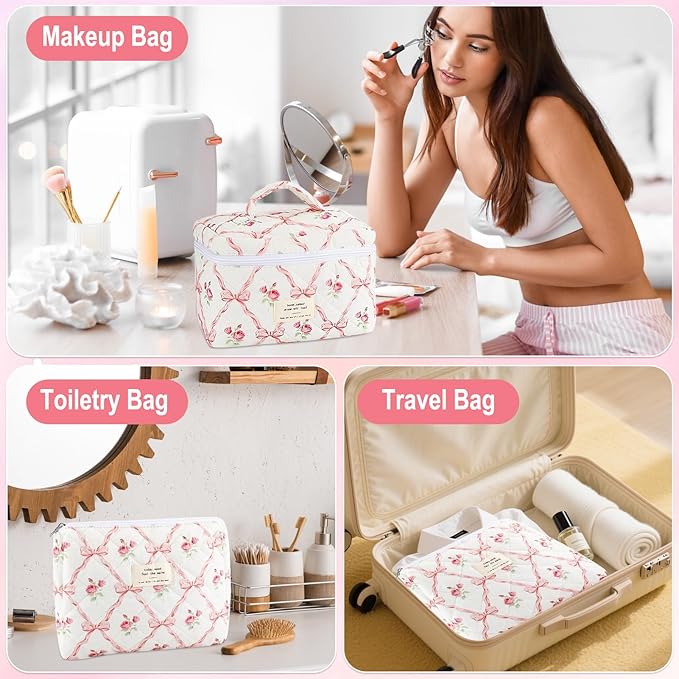 3Pcs Makeup Bag Quilted Cosmetic Bag Set Bow Travel Large Makeup Pouch for Women Cute Portable Cotton Toiletry Bag Skincare Organizer Coquette Vintage Travel Essential