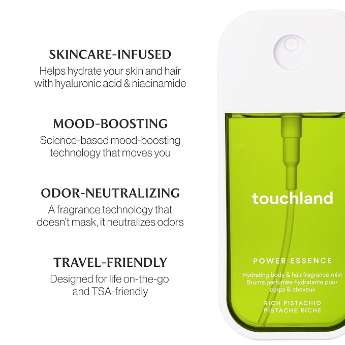 Touchland Hydrating Body & Hair Fragrance Mist, Rich Pistachio, 2 FL. OZ. Travel Size Body Spray