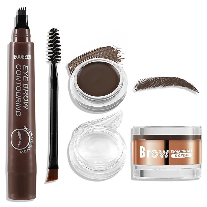 Boobeen Waterproof Eyebrow Pencil with Pomade, Brow Gel with Dual-ended Brush, Long-Lasting Natural Hair-Like Brows for All Skin Tones, Brown