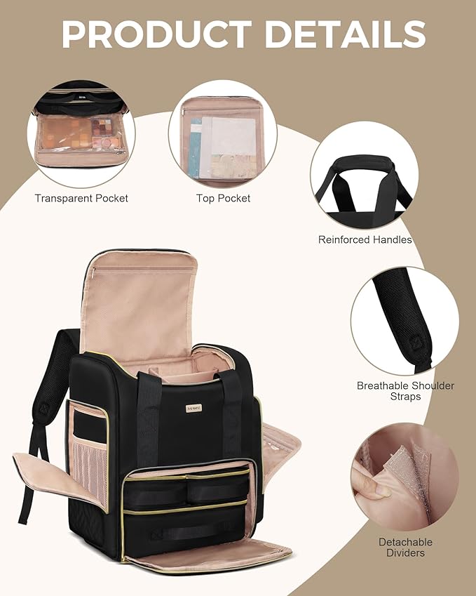 Large Travel Makeup Bag with 2 Removable Case, Dual-Shoulder Multi-Functional Cosmetic Bag,Double Layer Big Capacity, Portable Toiletry and Skincare Storage Pouch Black
