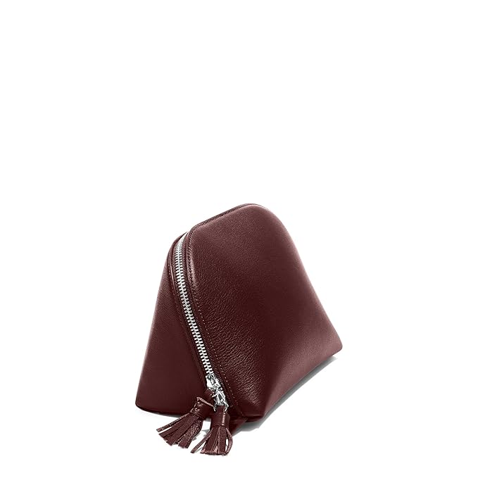 Leatherology Bordeaux Clamshell Makeup Bag – Leather Cosmetic Bag with Waterproof Lining, Interior Zip Pocket & Double Tassel Zip Closure for Travel or Vanity Organization