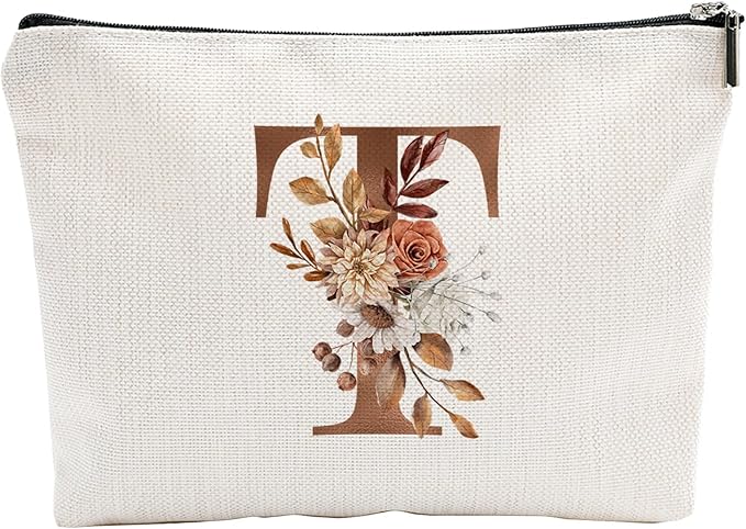 A-Z Boho Personalized Cosmetic Bag-Floral Cotton Letter Makeup Bag With Zipper-Artistic Cosmetic Bag For Travel-Bride,Birthday Gift For Women Daughter Friends-Women Makeup Organizer-A20