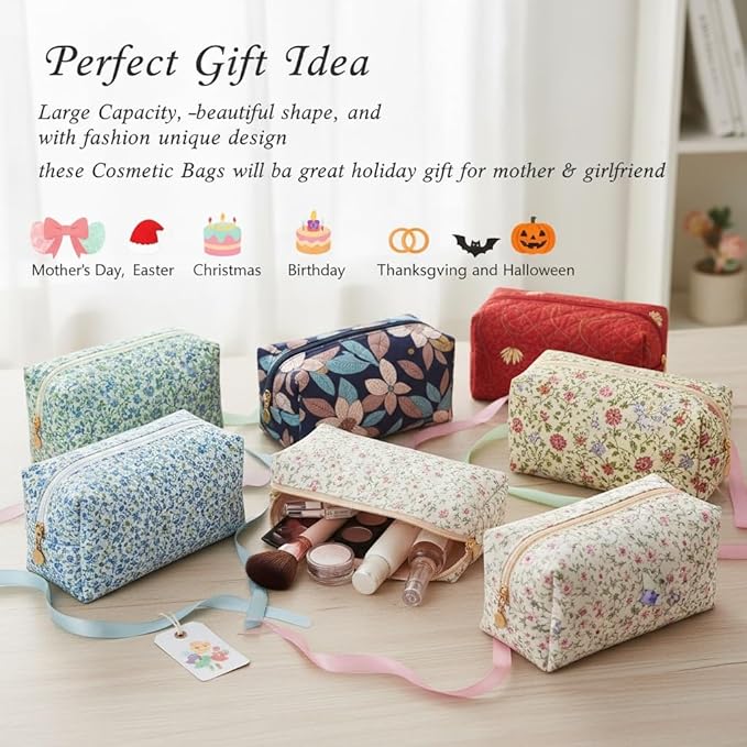Floral Cotton Makeup Brush Cosmetic Bag for Women, Travel Quilted Zipper Pouch, Large Capacity Flowers Toiletry Organizer, Kawaii Makeup Storage Case, Cosmetic Travel Cloth Bag-Colorful