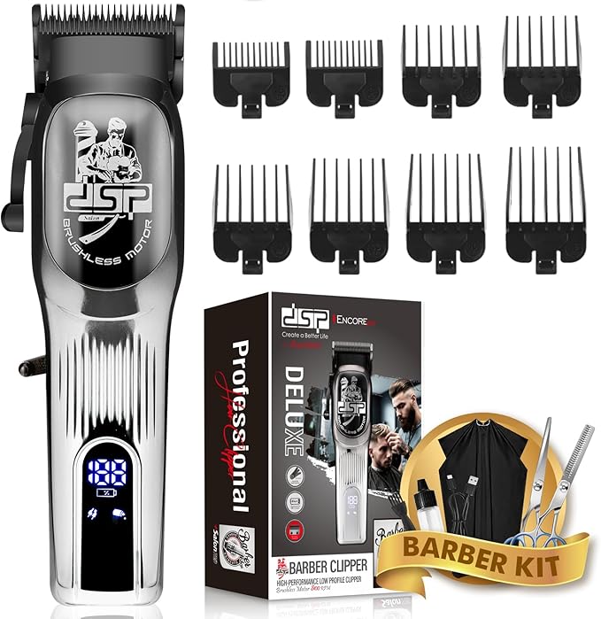 DSP Professional Hair Clipper for Men, Brushless Motor with 4CR DLC+Ceramic Blade, Rechargeable Cordless Hair Cutting Kit- Gift for Men (Silver)