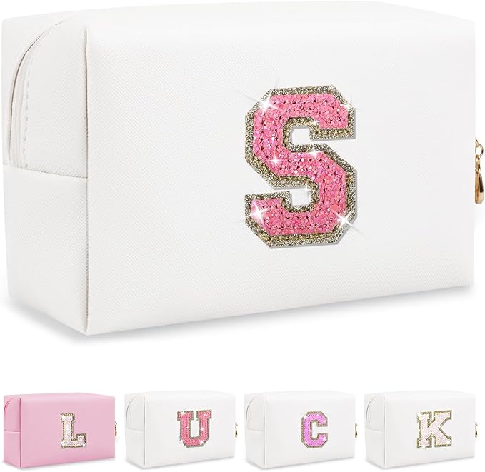 Personalized Initial Letter Makeup Bag, Small Glitter Letter Patch Cosmetic Pouch Zipper, Preppy Makeup Organizer PU Waterproof Travel Toiletry Bag,Monogrammed Birthday Gift for Women Girls(Letter S)