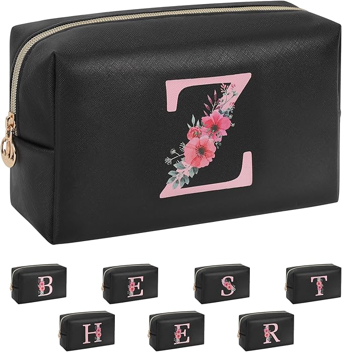 Personalized Initial Makeup Bag, Birthday Gifts for Women and Girls, Small Makeup Pouch Travel Toiletry Bag, Make Up Organizer Bag Gift Trendy Stuff for Friend Mom Teacher, Black