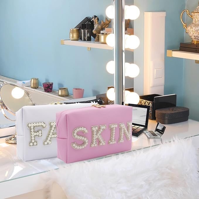 2PCS Preppy makeup bag Pearl letter Cosmetic Double Zipper Waterproof Ladies Storage Purse Care Shower Products Handbag Wash Organizer Leather Portable Girls Travel Accessories