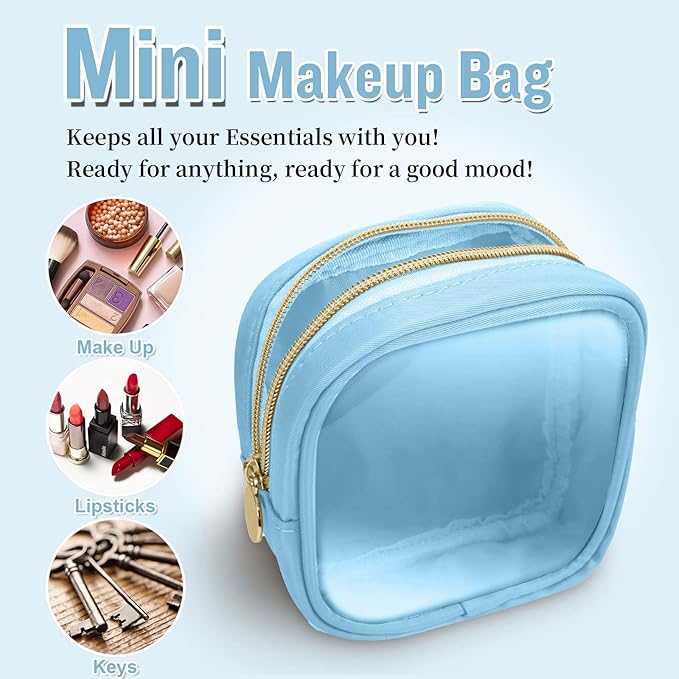 Mini Clear Travel Makeup Bag for Purse, Small Cute Preppy Cosmetic Zipper Pouch, Transparent PVC Nylon Waterproof Toiletry Storage Clutch Coin Pouch for Women Girls