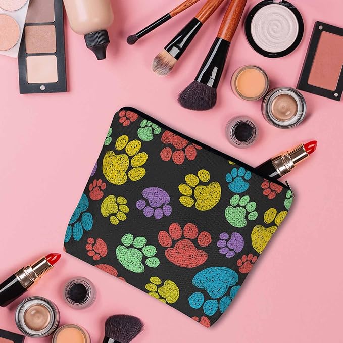 Woman Makeup Bag Dog Paw, Rainbow Doodle Paw Prints Cat Footprint Makeup Bags Travel Cosmetic Bags Toiletry Makeup Organizer Pencil Pouch Make Up Cosmetic Bag For Owners Lady Birthday Gifts