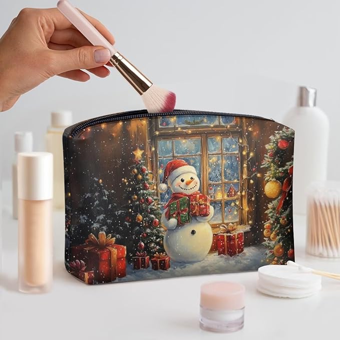 COEQINE Leather Zipper Pouch for Women Travel Snowman Kawaii Makeup Bag Travel Cosmetic Bags Soft Waterproof Large Capacity Toiletry Bag for Womens Mom Christmas Gifts