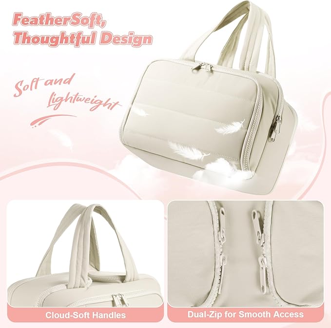 Travel Toiletry Bag:  Large Capacity, 4 Compartments, Wet/Dry Separation, Ultra-Soft Lightweight Fabric & Anti-Spill Design for Travel,Gym,Gift(11.8" L) (Off-White)