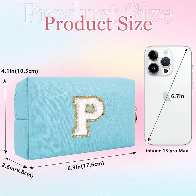 Small Personalized Letter Makeup Bag, Cute PU Leather Chenille Letters Cosmetic Bag Travel Makeup Pouch, Preppy Travel Organizer Zipper Pouch for Women&Girls（Blue-P）
