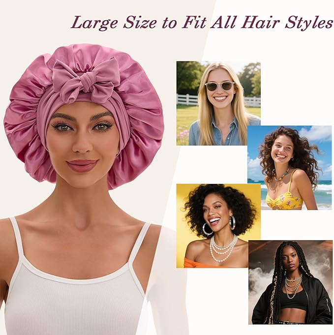 Satin Hair Bonnet for Sleeping Women, Double Layer Silk Bonnets for Women with Tie Band, for Braids Curly Long Hair