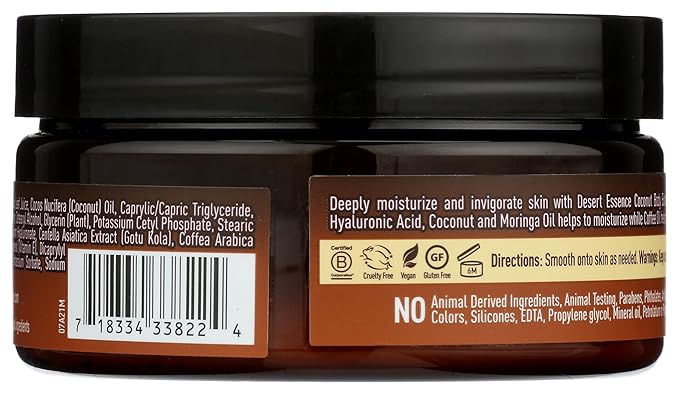 Desert Essence Coconut Body Butter 7.5oz - Hyaluronic Acid & Coffee Oil - Deeply Moisturizing and Nourishing - Moisture Rich Botanicals Coconut Oil & Moringa Oil - Helps Firm, Smooth and Hydrate