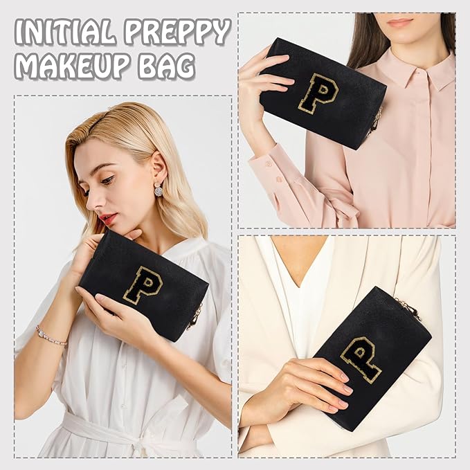 Personalized Initial Preppy Makeup Bag Organizer, Black Small Monogram Cosmetic Bag Travel Toiletry Zipper Pouch for Women, PU Leather Waterproof Make Up Case Proposal Gift for Brides Female(Letter P)