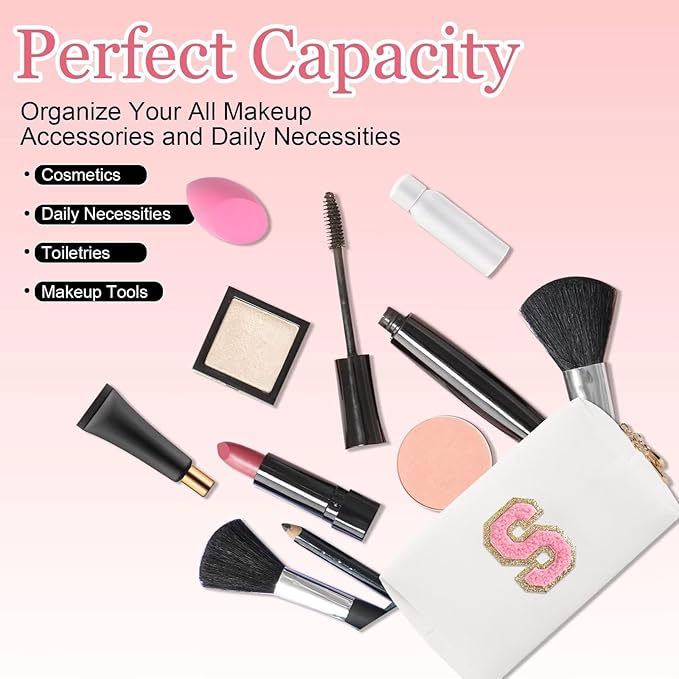 Small Personalized Letter Makeup Bag, Cute PU Leather Chenille Letters Cosmetic Bag Travel Makeup Pouch, Preppy Travel Organizer Zipper Pouch for Women&Girls（WhitePink-S）