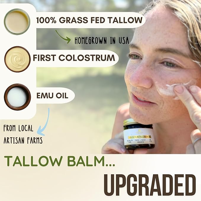 100% Grass Fed Tallow Balm with Colostrum & Emu Oil - Handmade Whipped Beef Tallow for Face and Body, Sensitive Skin Tallow Moisturizer made with True First Colostrum