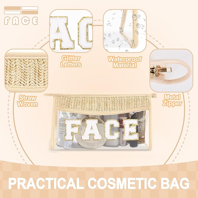Small Boho Straw Clear Face Makeup Bags for Women&Girls, Zipper Cosmetic Bag Chenille Varsity Letter Patch Bag, Preppy Cute Toiletry Pouch, Trendy Organizer Storage Bag for Beach Travel Essentials