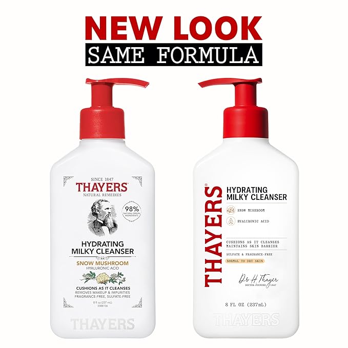 THAYERS Milky Hydrating Face Cleanser with Snow Mushroom, Hyaluronic Acid, Dermatologist Recommended Gentle Facial Wash, Hydrating Skincare for Dry, Sensitive Skin, Paraben Free, 8 FL Oz, Clear