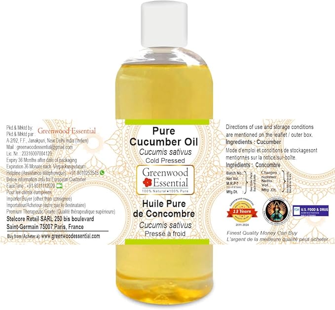 Greenwood Essential Pure Cucumber Oil (Cucumis sativus) Cold Pressed 200ml (6.76 oz)