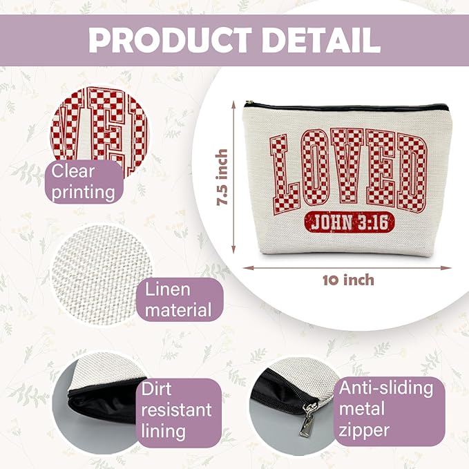 Loved John 3:16 Bible Verse Makeup Bag, Trendy Christian Cosmetic Bags for Women, Christian Gifts for Women Makeup Pouch, Faith Based Gifts Zipper Pouch