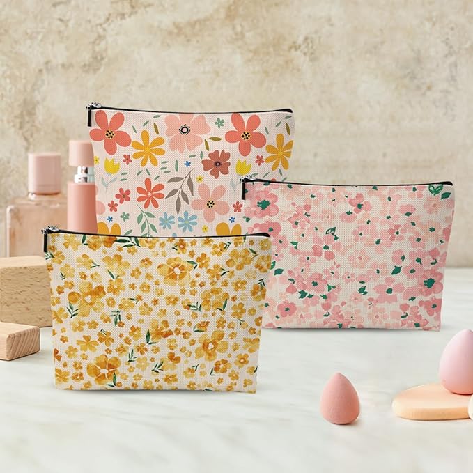 3pcs Colorful Flower Makeup Bag, Retro Botanical Flower Cosmetic Bag, Christmas Wedding Anniversary Birthday Friendship Gifts for Women Girls Best Friends Sister Bestie Grandma Travel Toiletry Bag