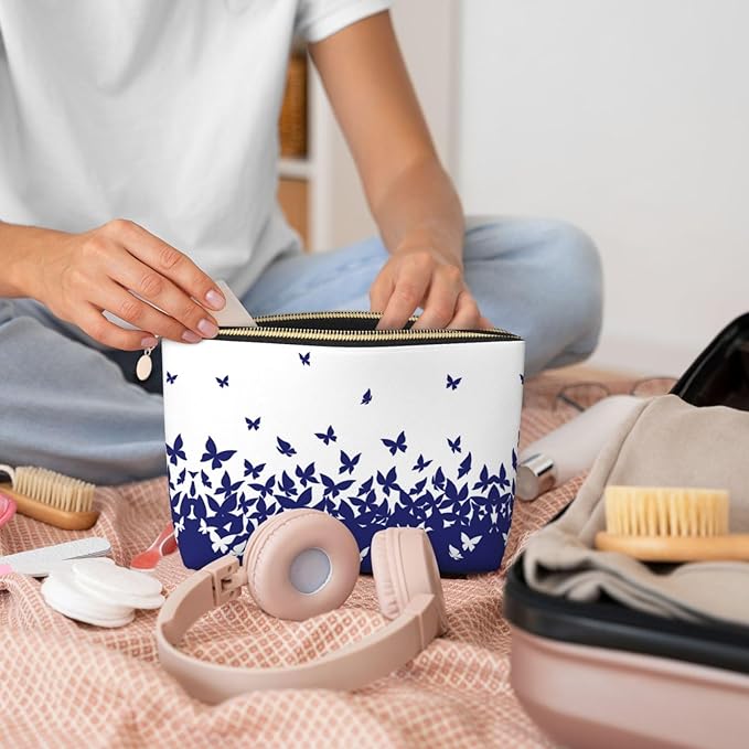 Womens Leather Makeup Bag Cosmetic Bag Travel Toiletry Bags Make Up Bags for Women Adult (Butterfly)
