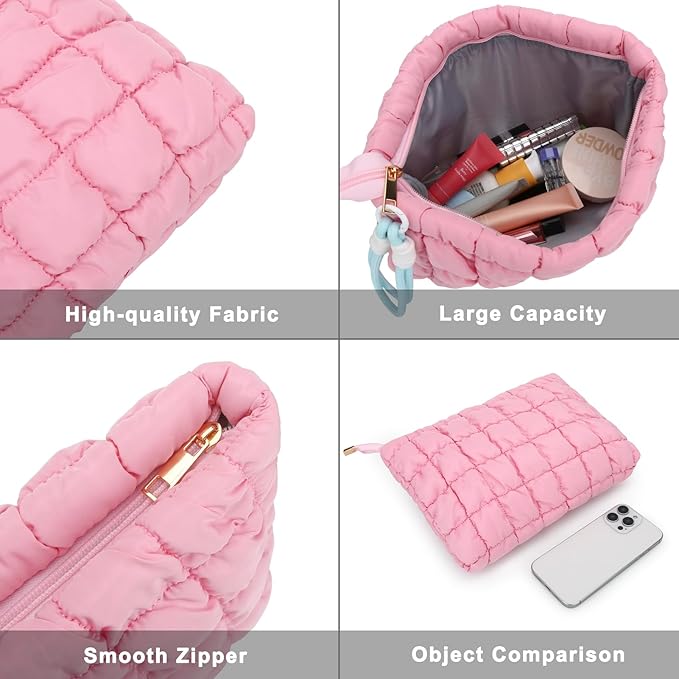 DOB SECHS Puffer Quilted Makeup Bag with Handle, Cute Puffy Cotton Cosmetic Bags for Women, Checkered Quilt Toiletry Zipper Pouch, Travel Essentials Storage Organizer Large Clutch Pouches Case, Pink
