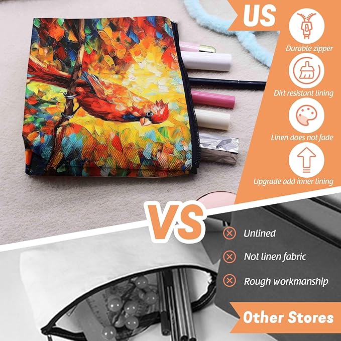 Cosmetic Bags Travel Makeup Toilet Case Waterproof Pouch for Women Girls 6.7X9.45inches - Red Bird Perched on Branch