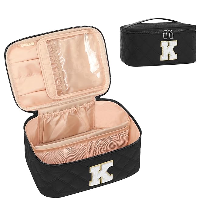 OCHEAL Makeup Bag for Women, Monogram Cosmetic Bag with Brush Holder,Black Travel Makeup Case Beauty Toiletry Bag Organizer Personalized Gifts for Girls Bridesmaid, Sister, Wife, Friends Initial K