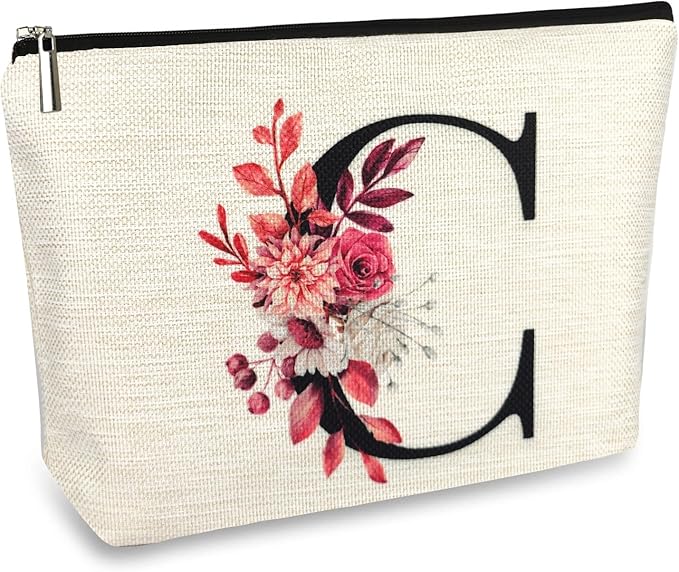 Initial A-Z Personalized Floral Makeup Bag, Monogrammed Birthday Gifts for Women Mom, Mothers Day Christmas Gift Ideas for Best Friend, Bride Bridesmaid, Her, Grandma, Small Travel Cosmetic Bag (C)