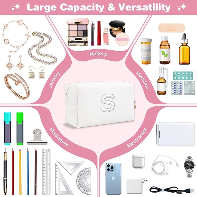 Bride Gifts – Personalized Initial Makeup Bag with Pearl Rhinestone Patch, Preppy White Monogram Cosmetic/Toiletry Pouch, bridesmaid Gifts, Bridal Shower Gifts, Wedding Gifts, Bridal Gifts,S