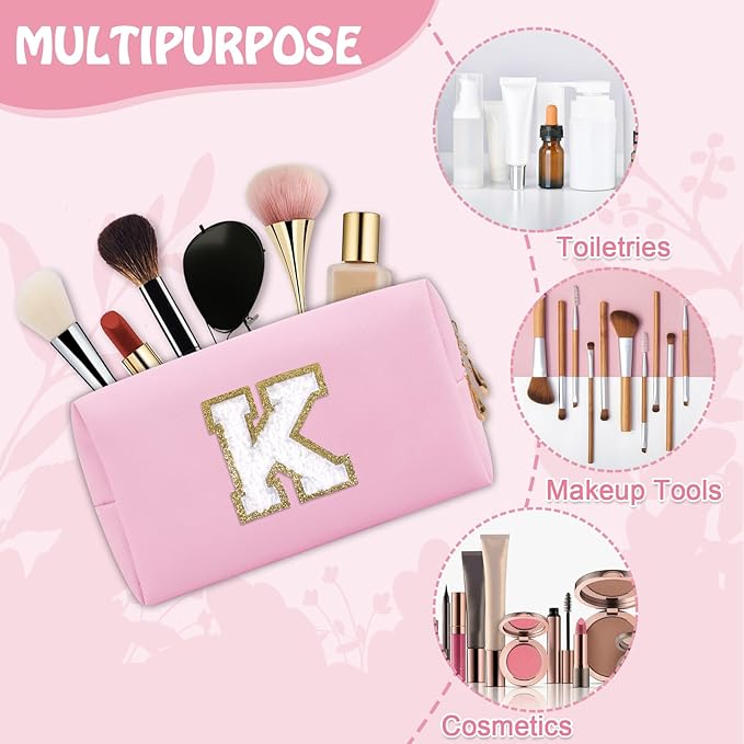 Personalized Small Preppy Makeup Bag, Chenille Letter Pink Initial Cosmetic Pouch Travel Toiletry Organizer, Waterproof PU Leather Make Up Storage Travel Essentials for Women Friendship(Letter K)