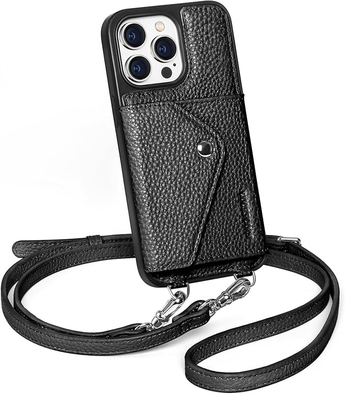 LUCKYCOIN Crossbody Wallet Phone Case for iPhone 15 Pro Max,100% Genuine Leather Wallet Phone Case with Expandable Flip Card Holder,Phone Purse for Women with Adjustable Removable Strap - Pebble Black