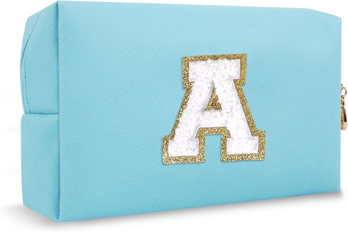 Personalized Initial Preppy Patch Makeup Bag, Small Blue Cute Cosmetic Pouch Makeup Organizer Travel Toiletry Zipper Pouch, Monogram Waterproof PU Chenille Letter Storage Bag Gift for Women(Letter A)