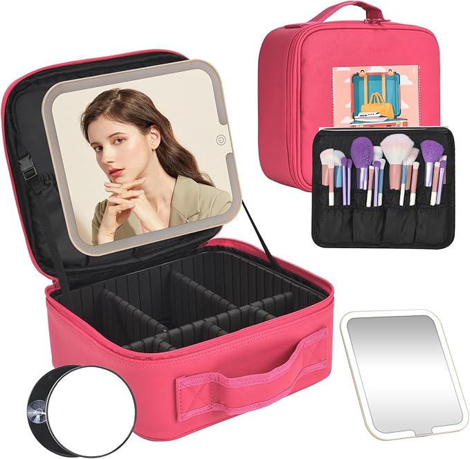 Travel Makeup Bag with LED Mirror,Removable Mirror with 3 Color Modes,Portable makeup travel organizer for Women,Makeup Case with 8 Adjustable EVA Dividers,Cosmetic Train Case with Lighted Mirror